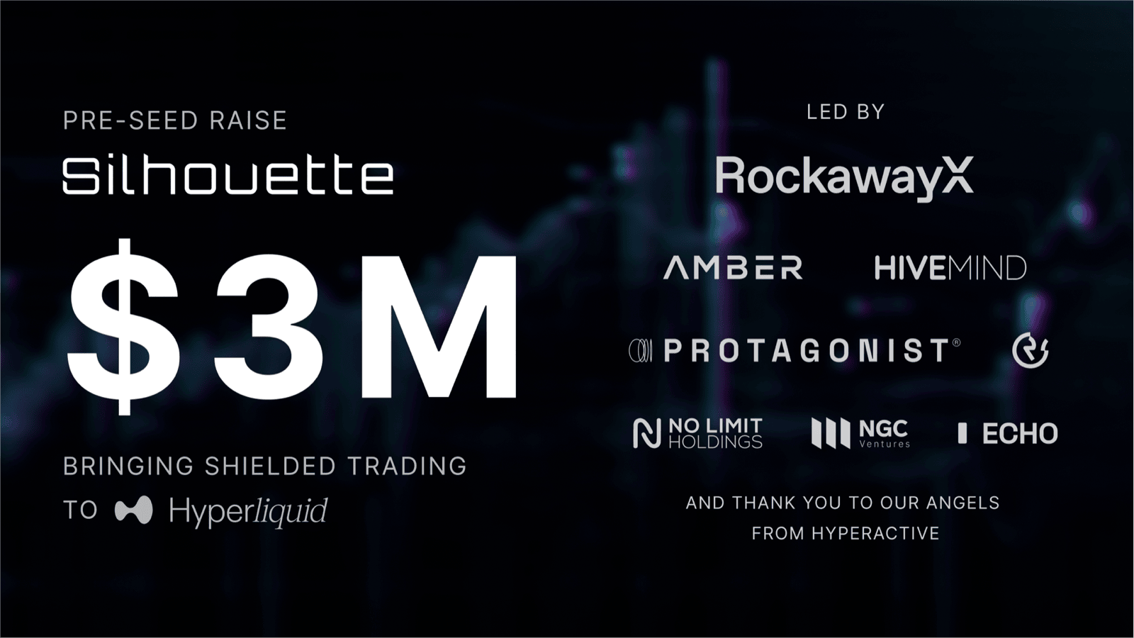 Silhouette seed round investor lineup banner featuring RockawayX, Amber Group, HiveMind, No Limit Holdings and Protagonist